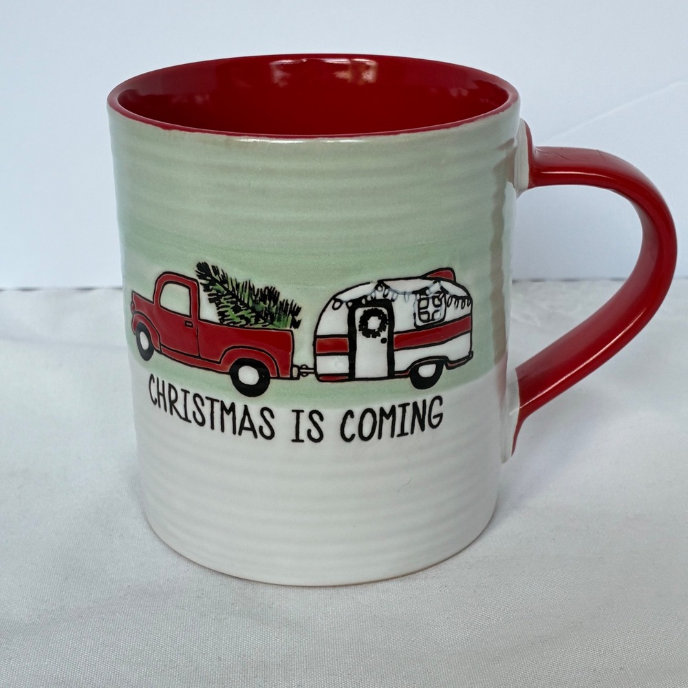 Spectrum Designz Mug Christmas Is Coming Red Truck Camper Ribbed Farmhouse Cozy